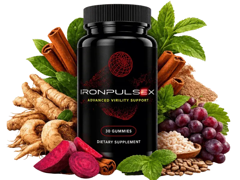 IronPulseX gummy bottle with maca root, beetroot, grapes and cinnamon, the botanicals named on the label