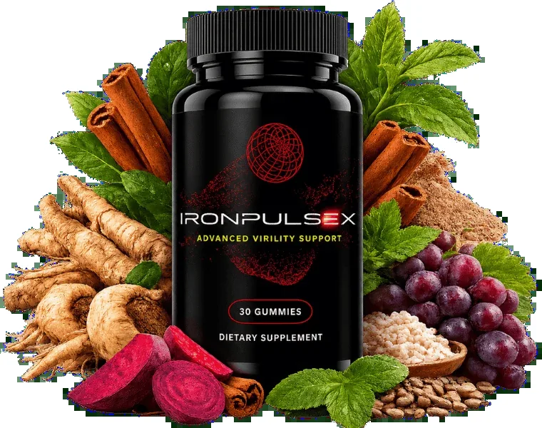 IronPulseX male vitality gummy bottle surrounded by its ingredients: maca root, beetroot, grapes, cinnamon and green herbs